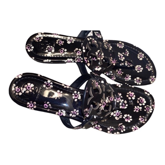 Designer Tory Burch Miller Sandal Patent Leather Black & Floral Print New Size 8 - Picture 2 of 11